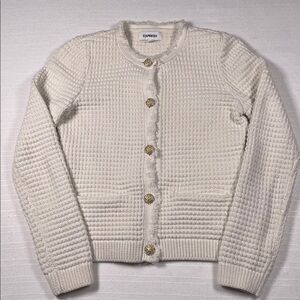 Express Women's Textured Cream Cardigan with Gold and Rhinestone Buttons